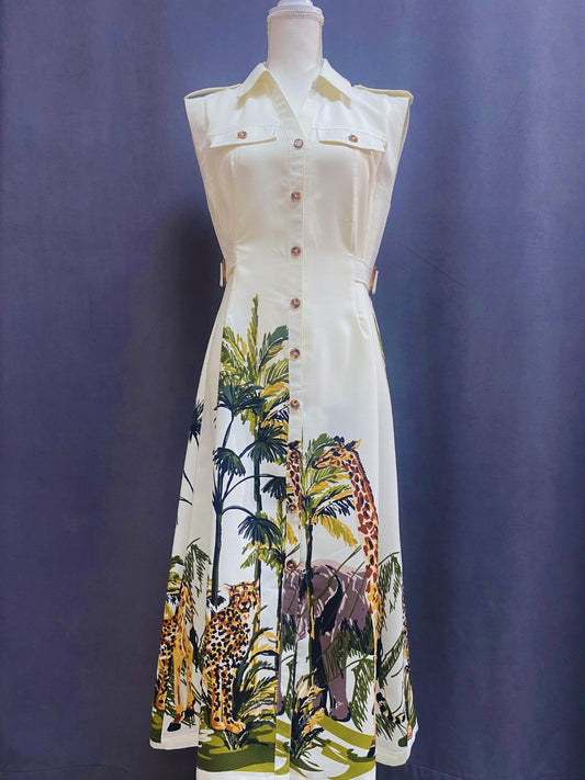 Cream Green Giraffe Print Dress