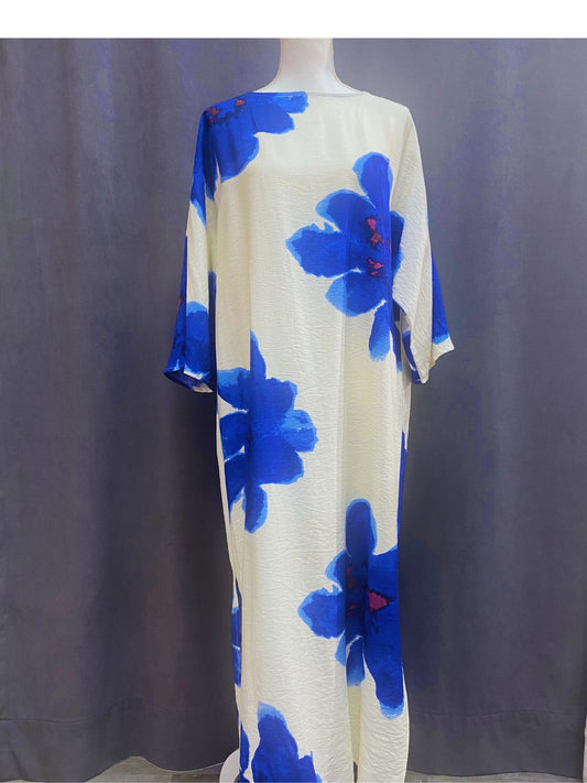 Long floral printed tunic in cream and blue