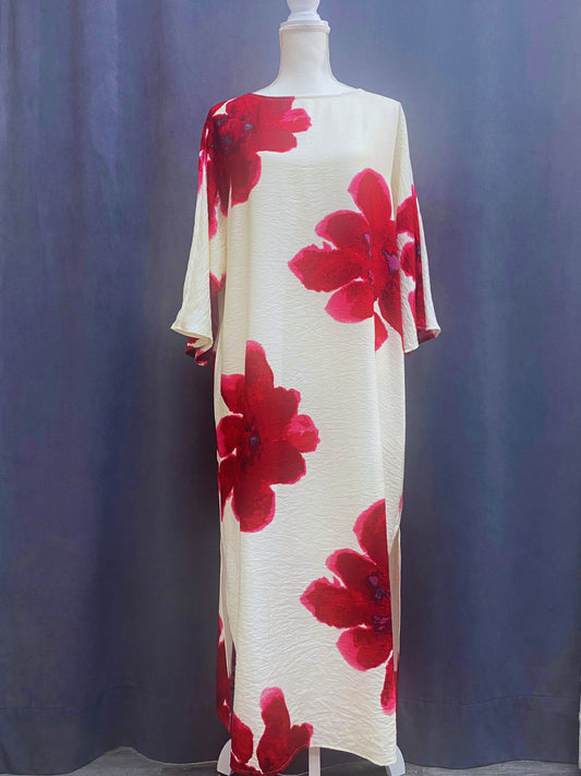 Long floral printed tunic in cream and red