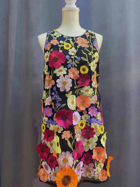 Textured floral dress black and multi-color