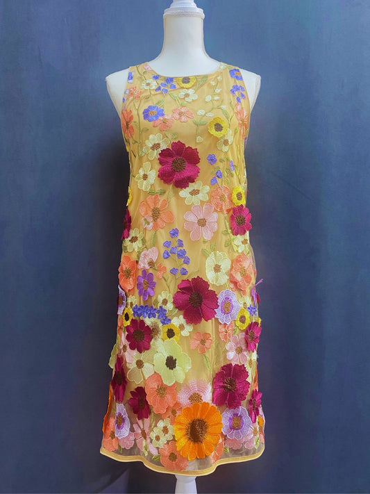 Textured floral dress tan and multicolor