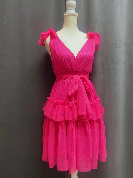 Short ruffle dress with ties - hot pink