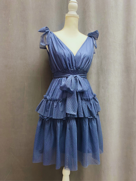 Short ruffle dress with ties - Pale Blue
