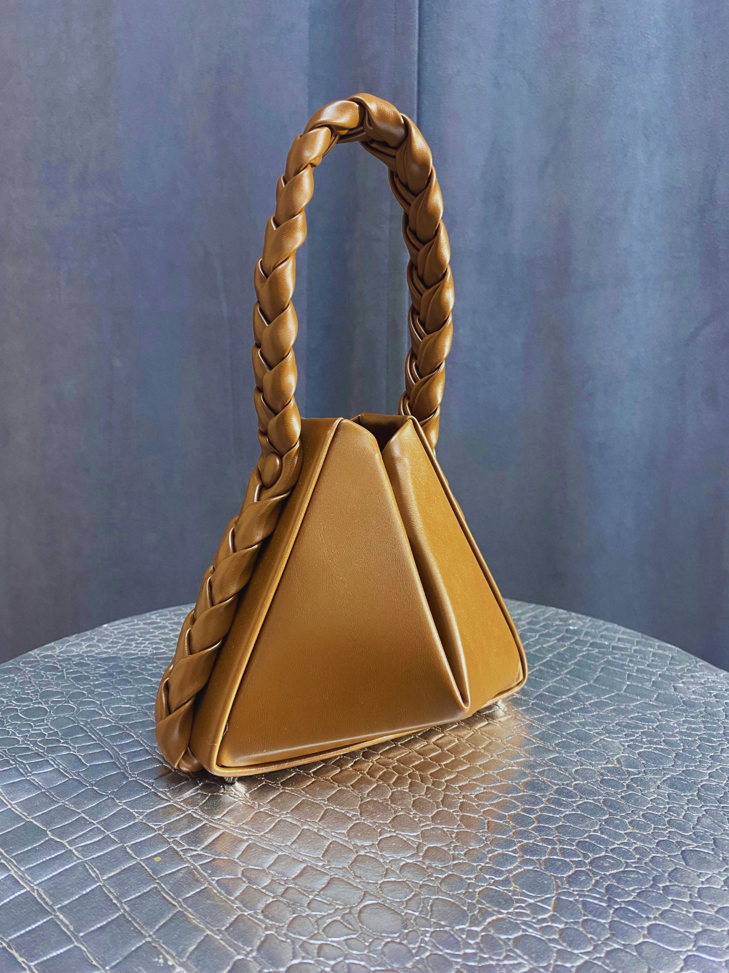 Unique coffee color triangle shaped bag with braided strap - small
