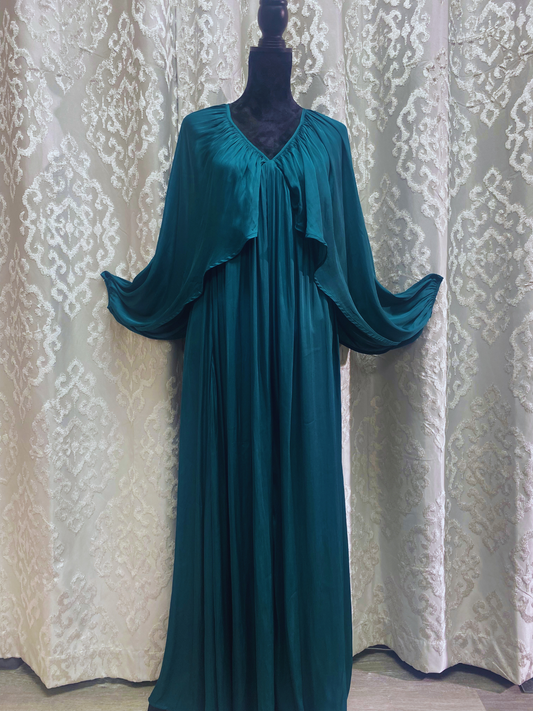 Shirred Satin Balloon Sleeve Dress - Turquoise